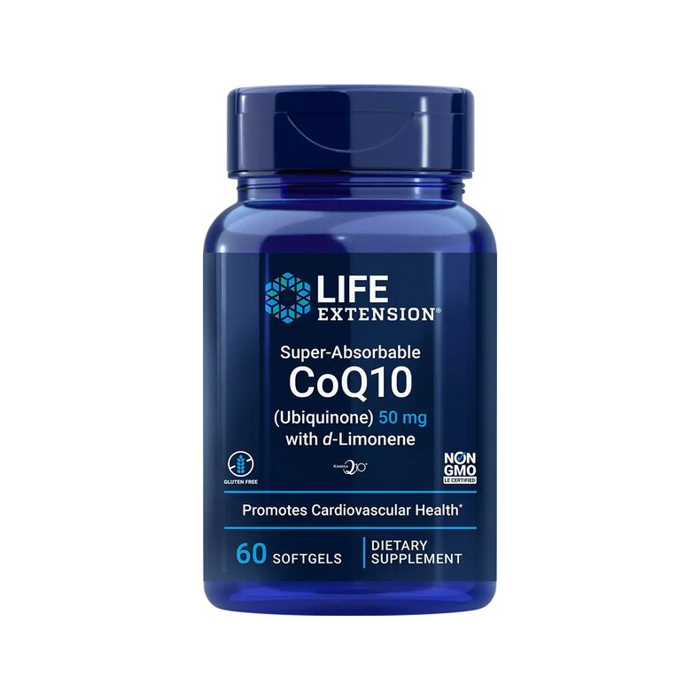 Life Extension CoQ10-tillskott i blå plastburk med etikett och lock