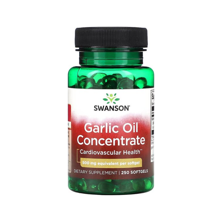 Swanson vitlökoljekoncentrat 500 mg kapslar i grön flaska med svart lock