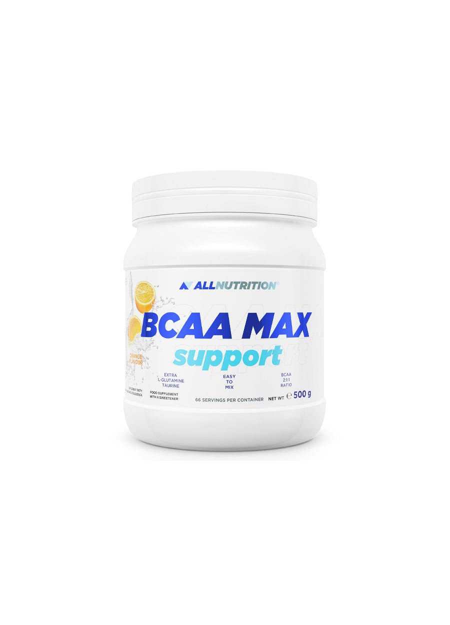 BCAA Max Support i vit burk med etikettdetaljer, 500 g