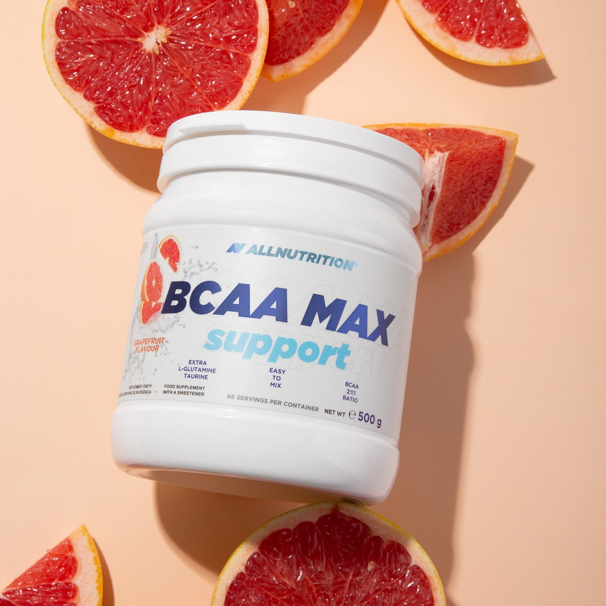 Allnutrition BCAA Max Support 500g på orange bakgrund