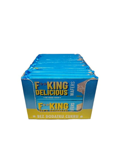 Våffelrån i blå kartongförpackning med Fitking Delicious-etikett