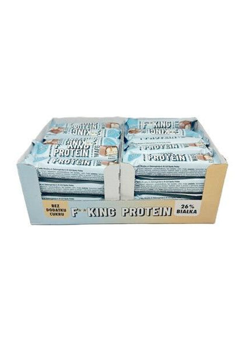 Proteinwaffel i kartong, ljusblå förpackning med texten ”PROTEIN”