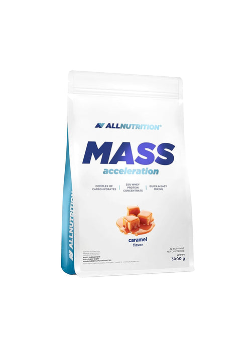 Allnutrition Mass Acceleration 3000 g, caramel-smak, förpackning med ståpåse