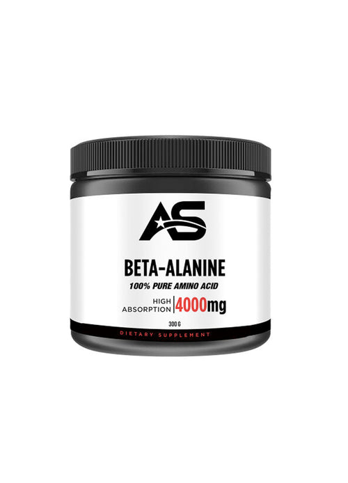 Beta-alanin 4000 mg kosttillskott i burk, svart lock och vit etikett, 300 g