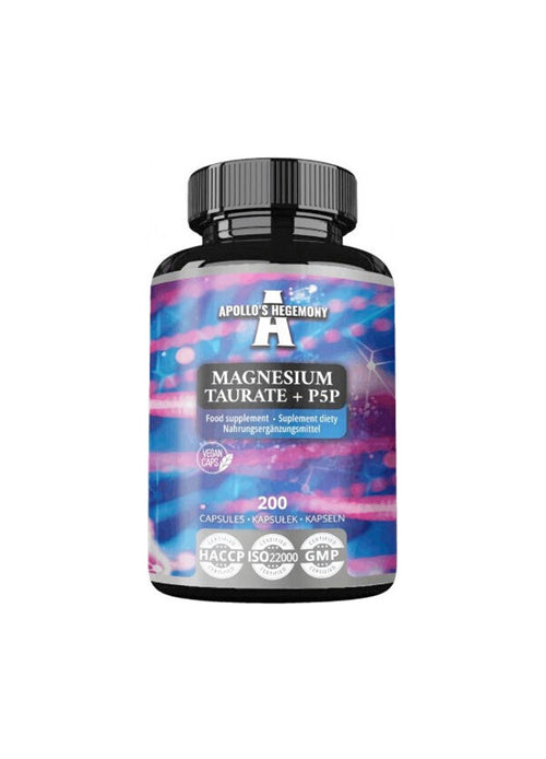 Kapselburk med svart lock, lila etikett: Magnesium taurat + P5P, 200 kapslar