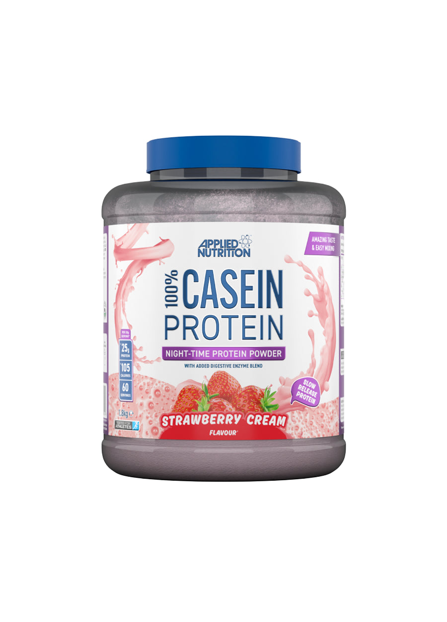 Applied Nutrition kaseintillskott i burk, smak Strawberry Cream, blått lock