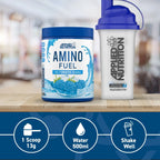 Applied Nutrition Amino Fuel-burk och shakerkopp, etikett Ice Blue Raz synlig