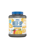 Beef-XP proteinpulverburk med blå lock, orange & mango-smak