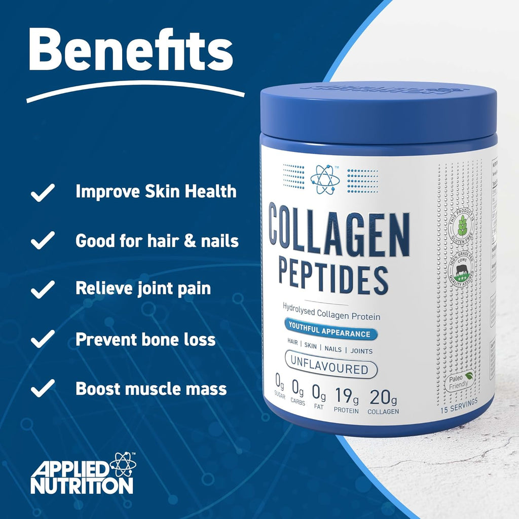Collagen Peptides 300 g-burk med fördelar och oparfymerad märkning (Applied Nutrition)