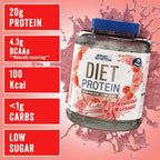 Applied Nutrition Diet Whey-protein med jordgubbssmak, burk med näringsetiketter
