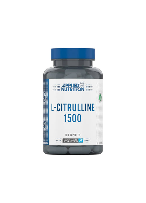 Kapselburk med Applied Nutrition L-Citrulline 1500, blå skruvlock och etikett