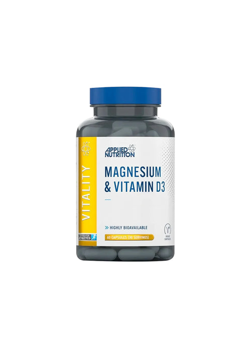 Applied Nutrition magnesium & vitamin D3-kapslar i flaska med gul och blå etikett
