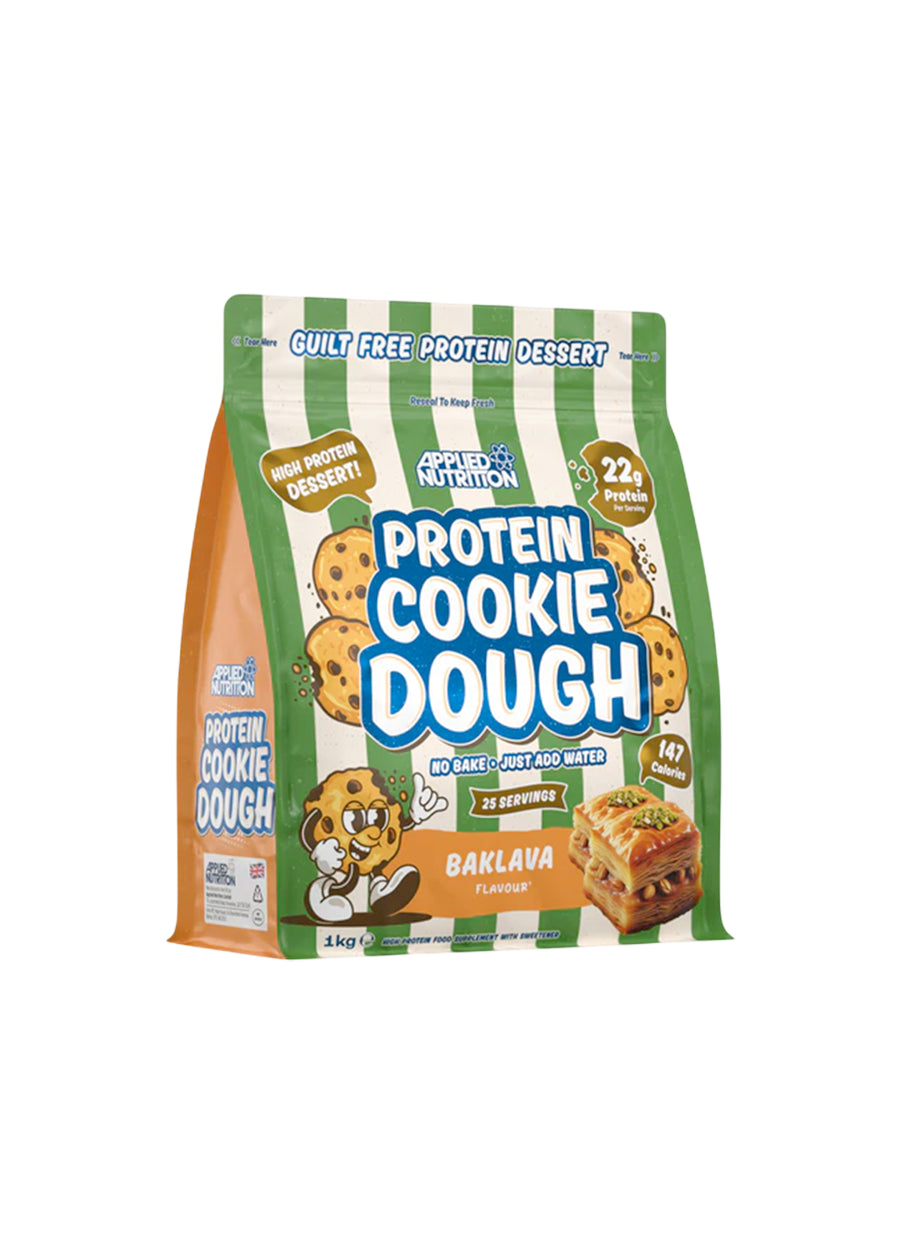 Protein cookie dough-dessertpåse, baklava-smak, Applied Nutrition, grön/orange påse.