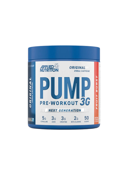 Burk för pre-workout 3G med blå lock och Pump-etikett från Applied Nutrition