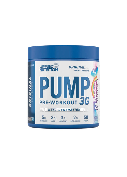 Burk för pre-workout 3G med blå lock, Applied Nutrition Pump-etikett