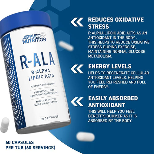 Kapselburk Applied Nutrition R-Ala med blått lock och R-ALA-etikett