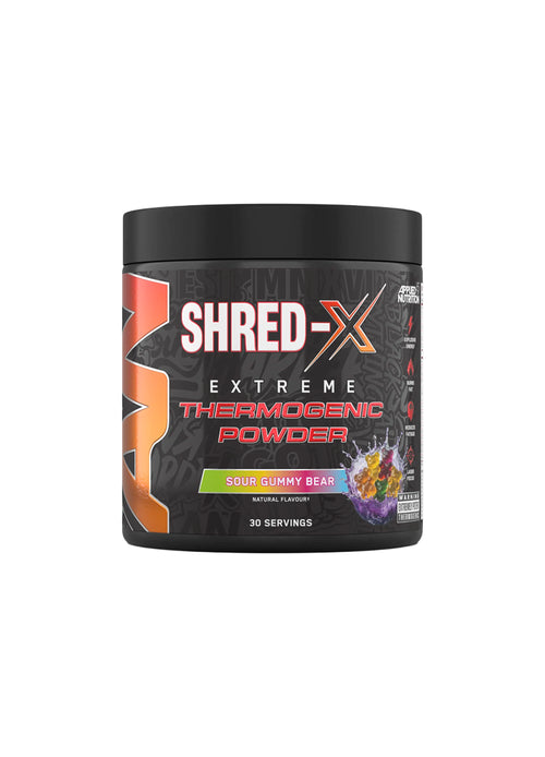 Shred-X termogen pulver, Sour Gummy Bears-smak i svart burk med lock