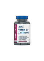 Vitamintillskott i kapslar, Applied Nutrition Vitamin D3 och K2, flaska med blått lock