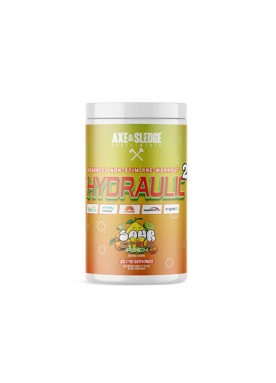 Axe & Sledge Hydraulic V2 Non-Stim Pre-Workout Stimfri PWO 452g Sour Citrus Punch Framsida