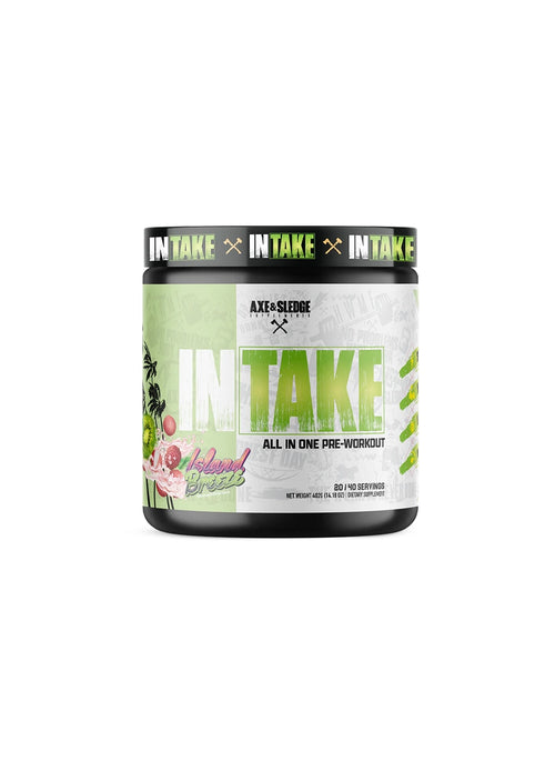 Axe & Sledge IntAke pre-workout-burk med vit och svart etikett