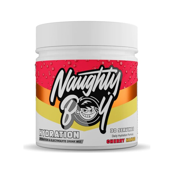 Hydration-dryckesmix, röd/orange randig burk med Cherry Mango-smak