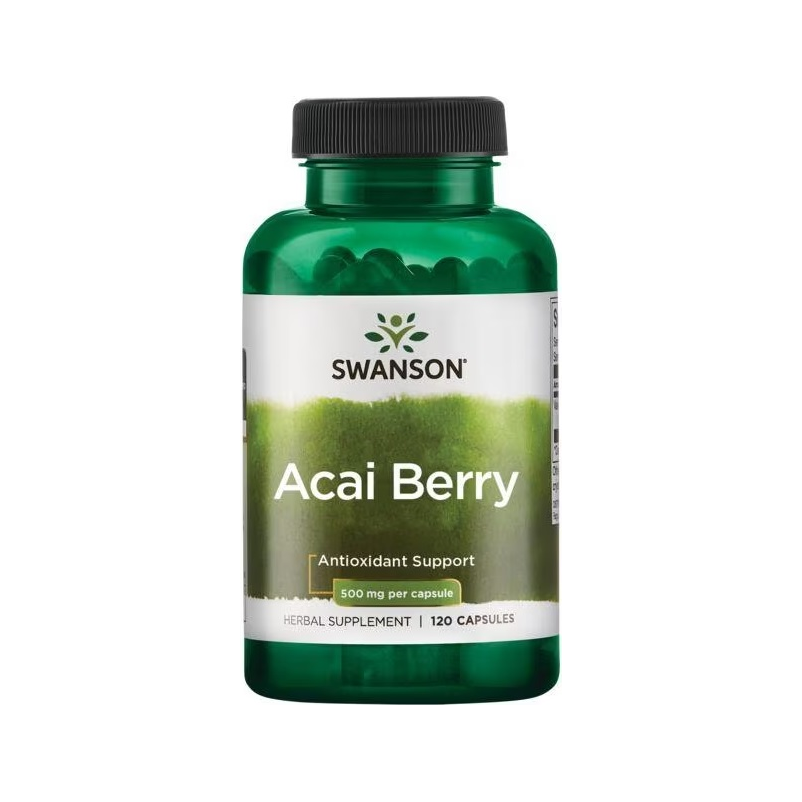 Kapseltillskott Swanson Acai Berry i flaska med grön etikett och mörk kork.