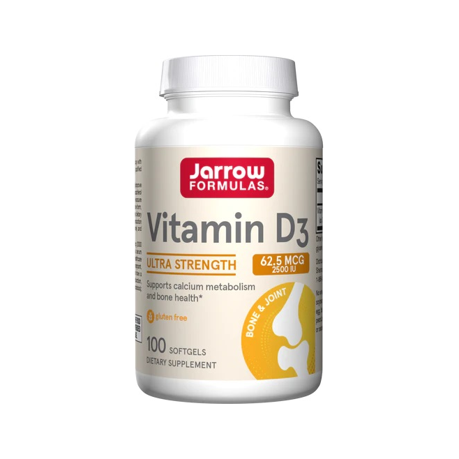 Jarrow Formulas Vitamin D3-tillskott i vit burk med röd logotyp, 100 kapslar