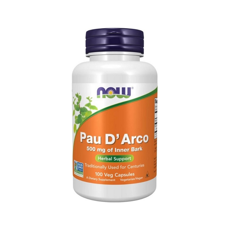 NOW Foods Pau D'Arco 500 mg kapslar i flaska, etikett med 100 veg. kapslar