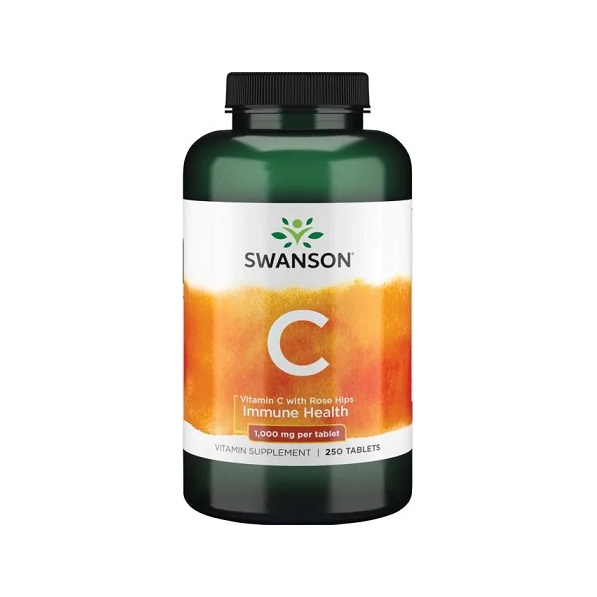 Swanson C-vitamin med nypon, tabletttillskott i burk med svart lock