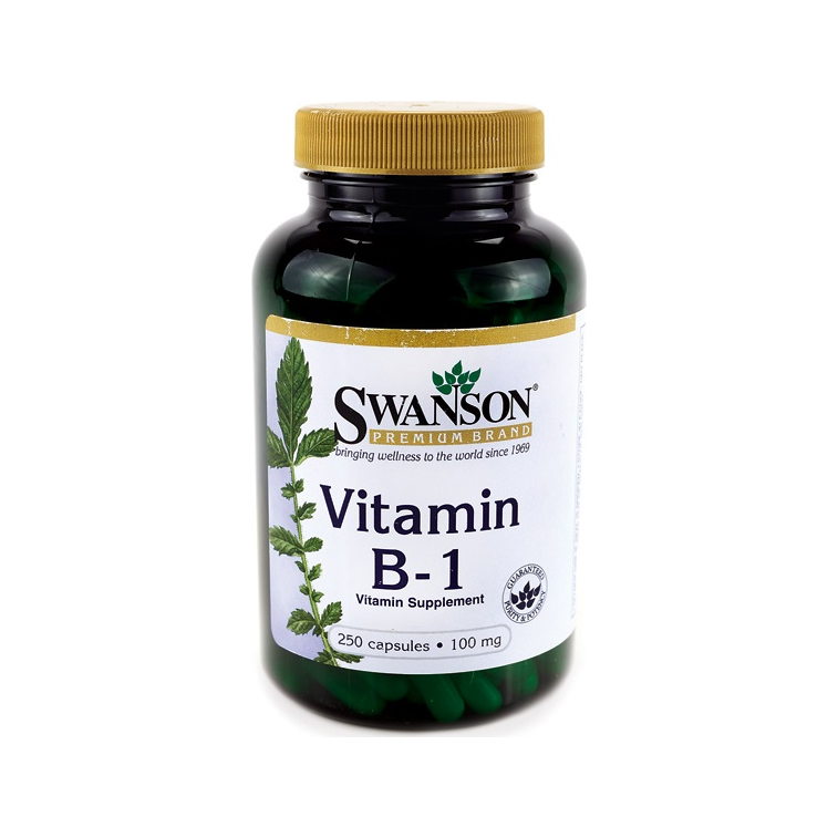 Swanson Vitamin B-1 tillskottflaska med guldfärgat lock, 250 kapslar.