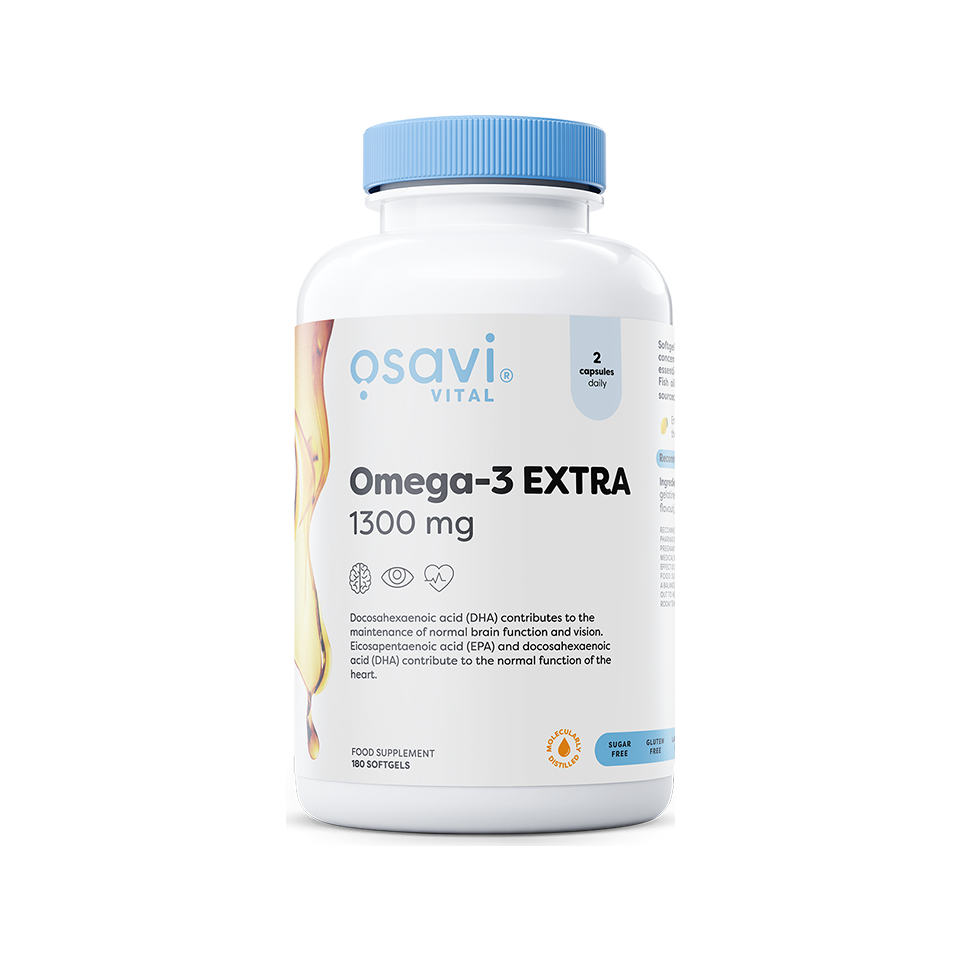 Osavi Omega-3 extra kapslar i vit flaska med blå skruvlock