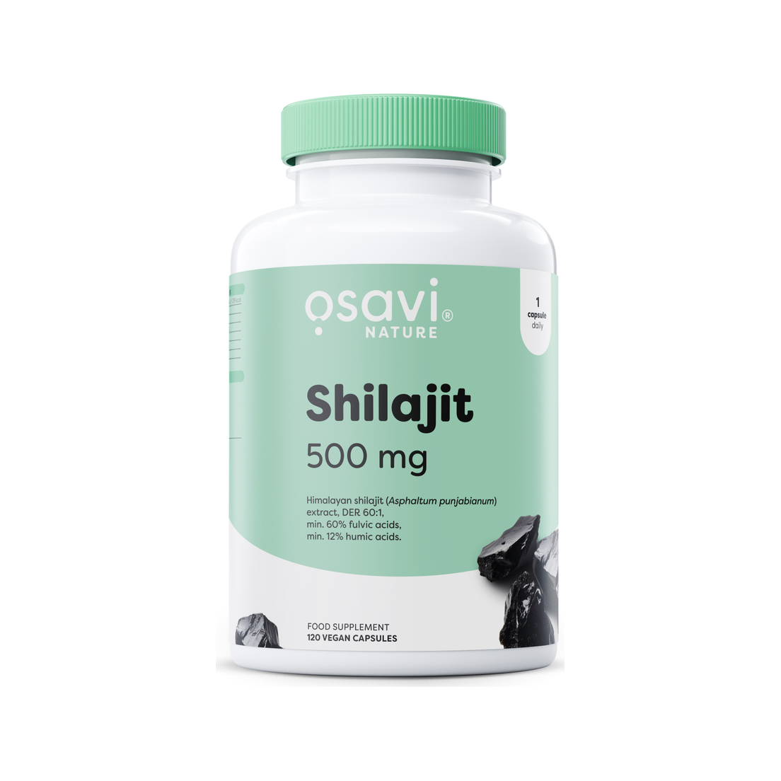 Shilajit-tillskott 500 mg kapslar i vit burk med grön etikett, 120 kapslar