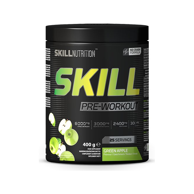 SKILL Pre-Workout-burk med grön äpple, 400 g (25 portioner)