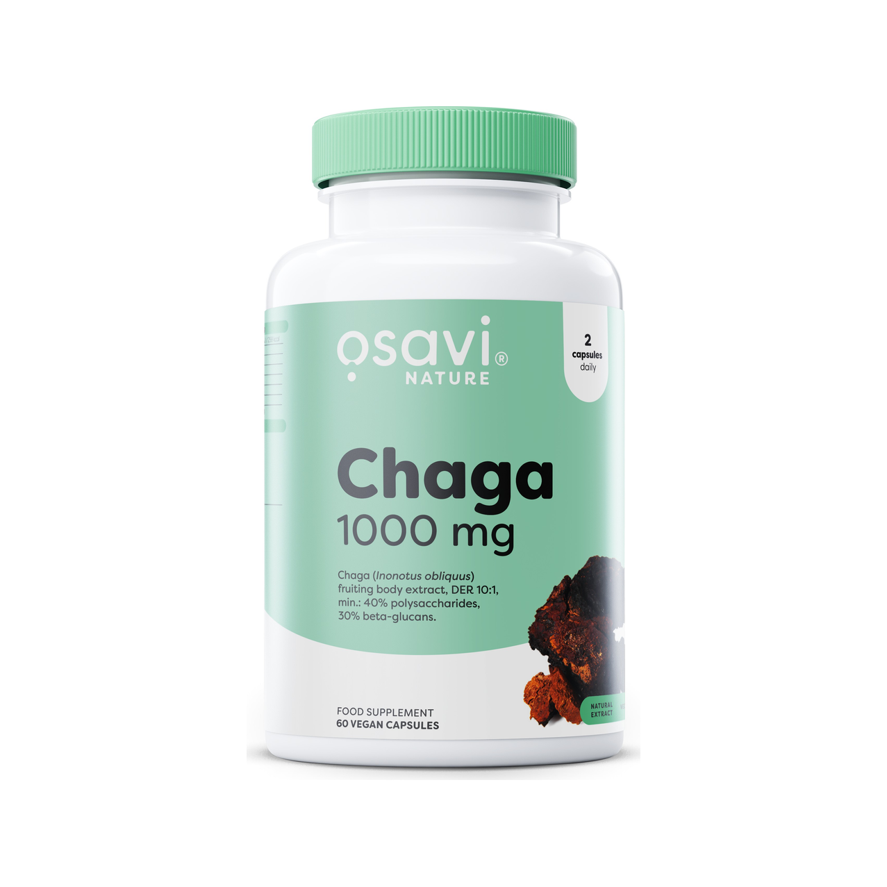 Osavi Chaga kosttillskott, 1000 mg kapslar i vit flaska med grön etikett