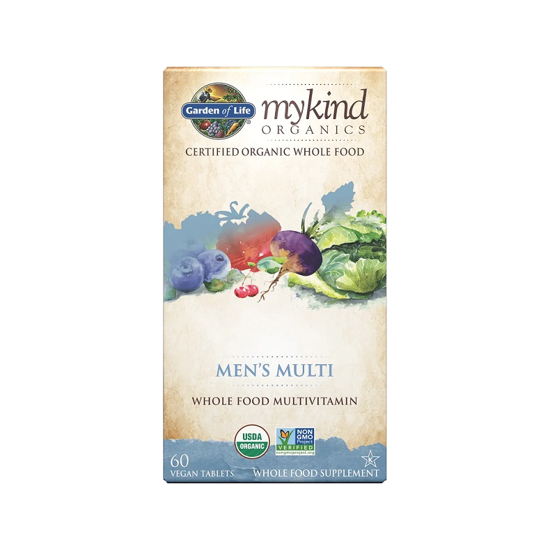 Mykind Organic mäns multivitamin, 60 tabletter, förpackning.