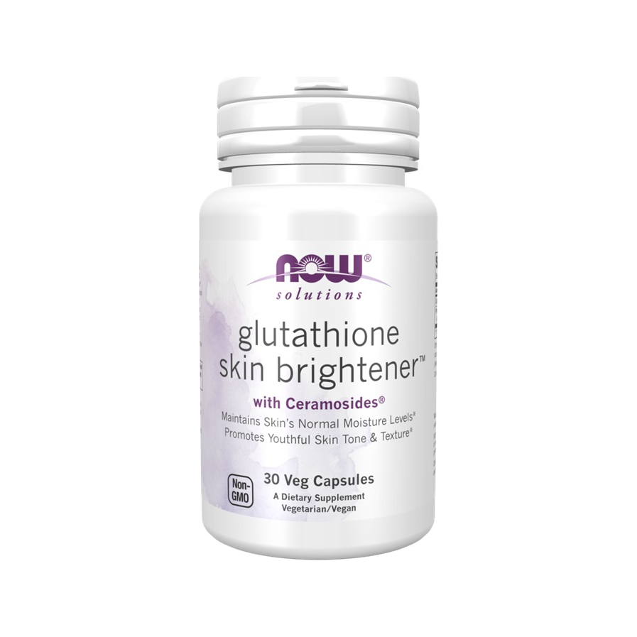 NOW Foods glutathione hudljusnare i kapslar, vit burk med lila etikett