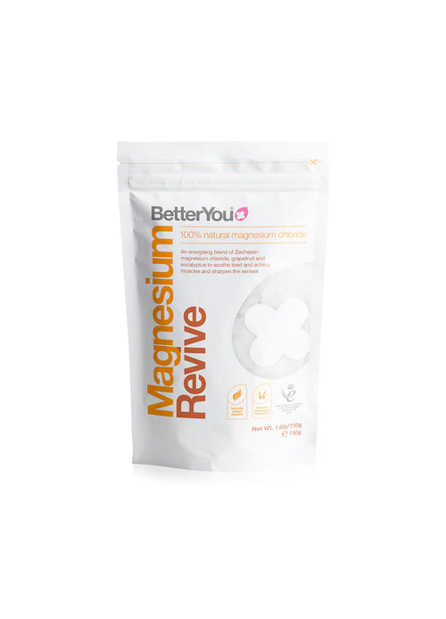 BetterYou magnesiumflakes Revive 750 g i vit påse med texten Magnesium Revive