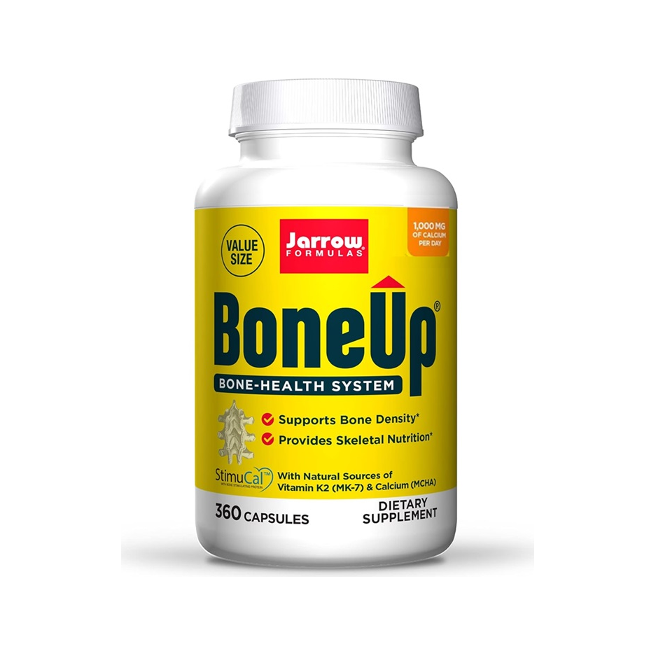 BoneUp-kapslar i vit plastflaska med gul etikett och skruvlock