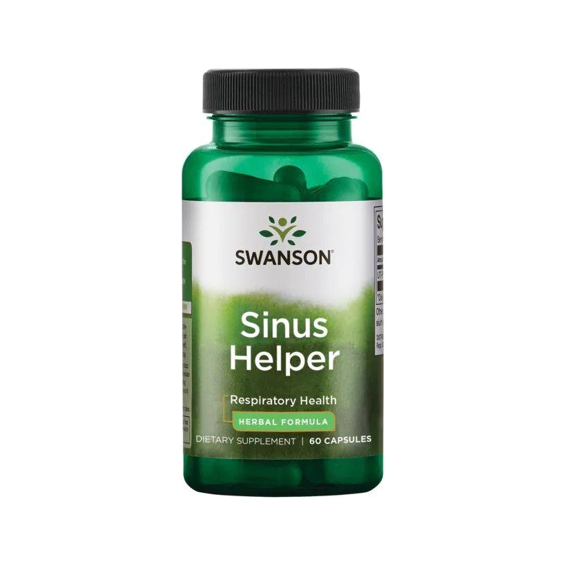 Swanson Sinus Helper kosttillskott i grön kapselflaska med svart lock och etikett