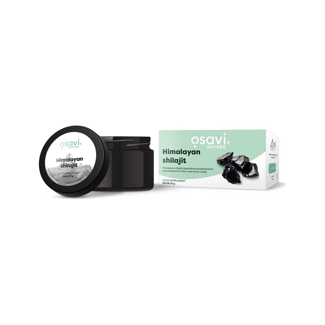 Osavi Himalayan Shilajit 25 g: burk och förpackningsbox med mörka shilajitbitar