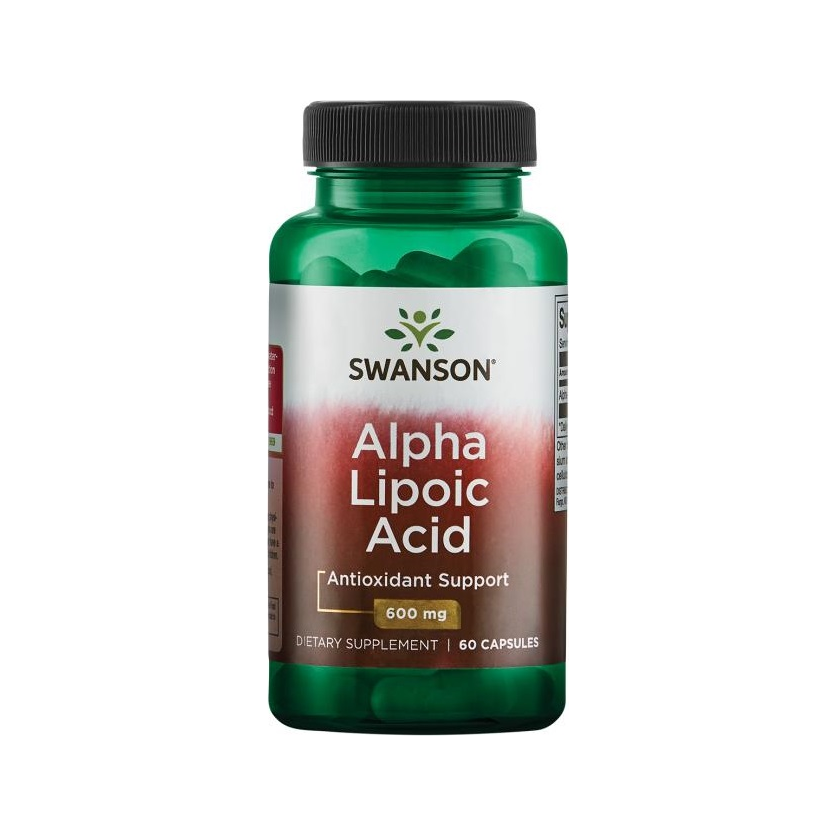 Kapselflaska med Swanson Alpha Lipoic Acid, kosttillskott 600 mg.