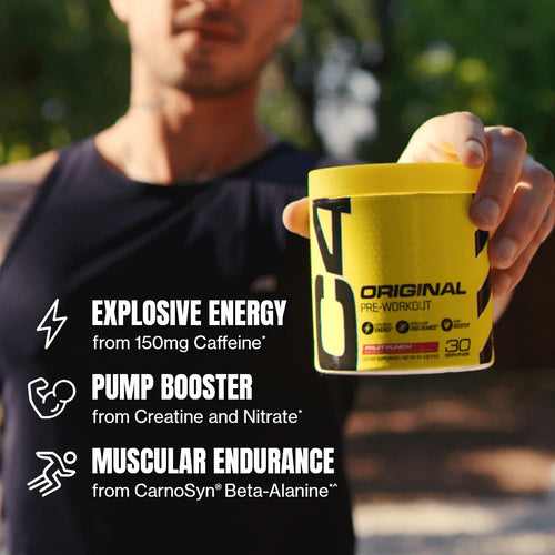 Hand håller gul Cellucor C4 Original pre-workout-burk med texten “EXPLOSIVE ENERGY”