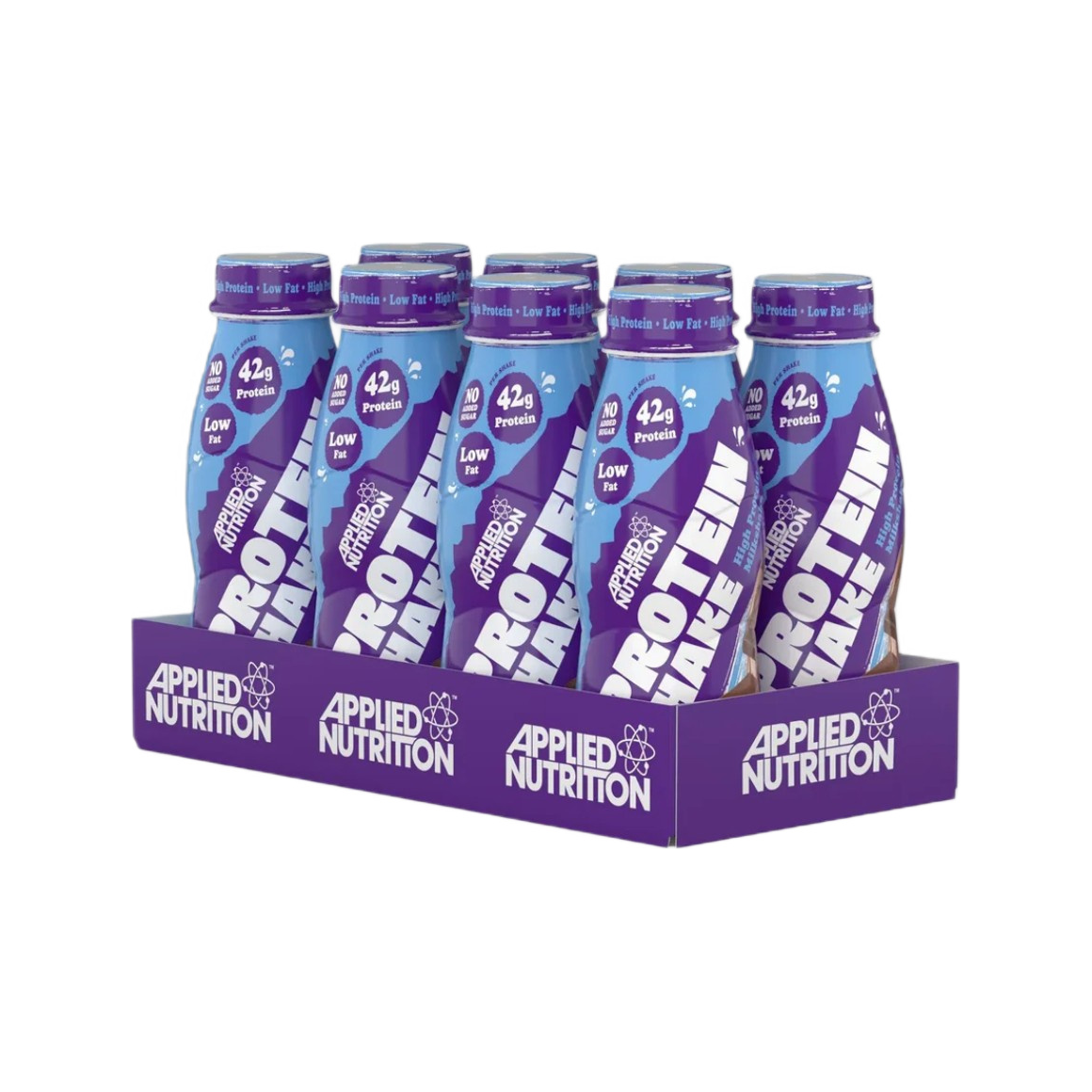 Applied Nutrition proteindryck, 8 x 500 ml, lila flaskor i lila flergångsförpackning