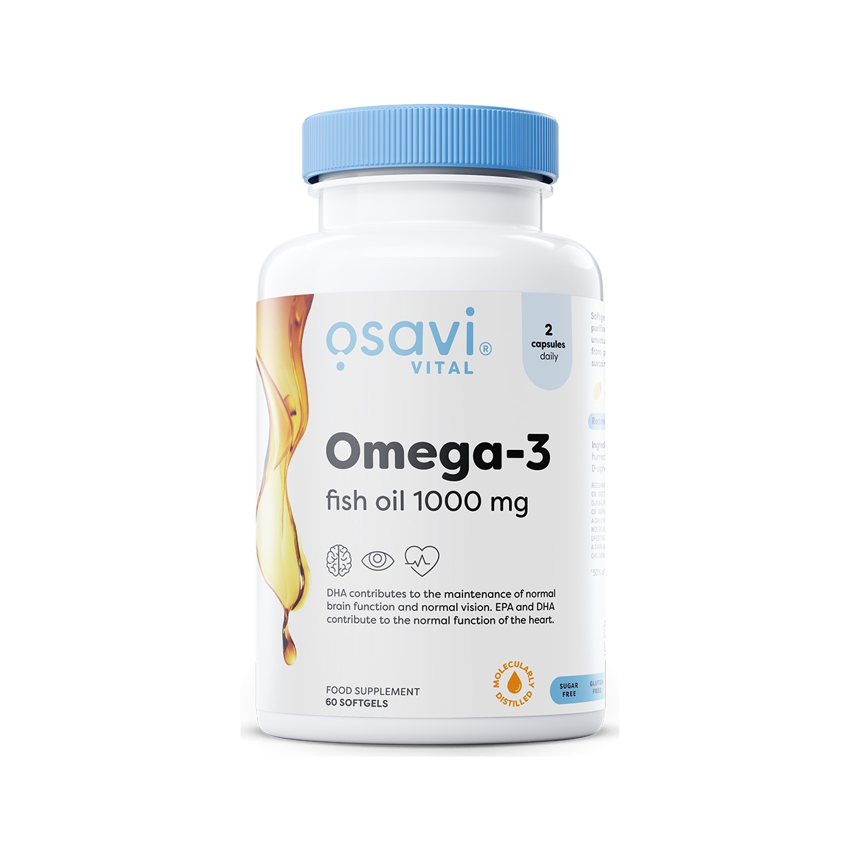Osavi Omega-3 fiskoljekapslar i flaska med blå skruvkork, 1000 mg