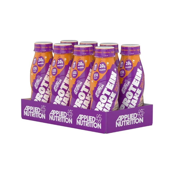 Applied Nutrition high protein-shake, 8-pack, orange och lila flaskor i lila kartong