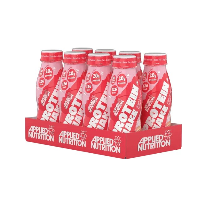 Applied Nutrition high protein-shake, 8-pack, rosa och röda flaskor i röd kartong