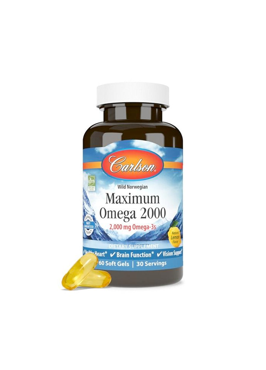 Carlson Omega 2000 kapselburk med vit skruvlock och etikett, 60 kapslar.