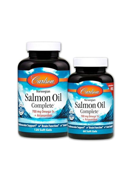 Carlson Salmon Oil Complete kapslar i två flaskor, mörkbrun färg