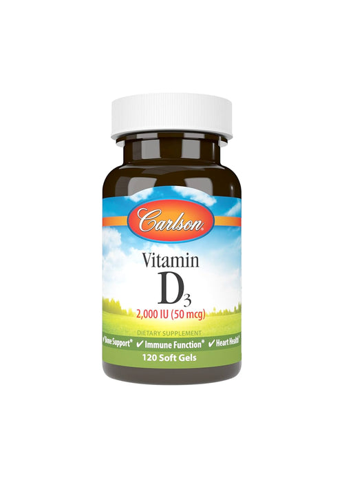 Vitamin D3 2000 IU mjukgeler i brun flaska med vit etikett och lock
