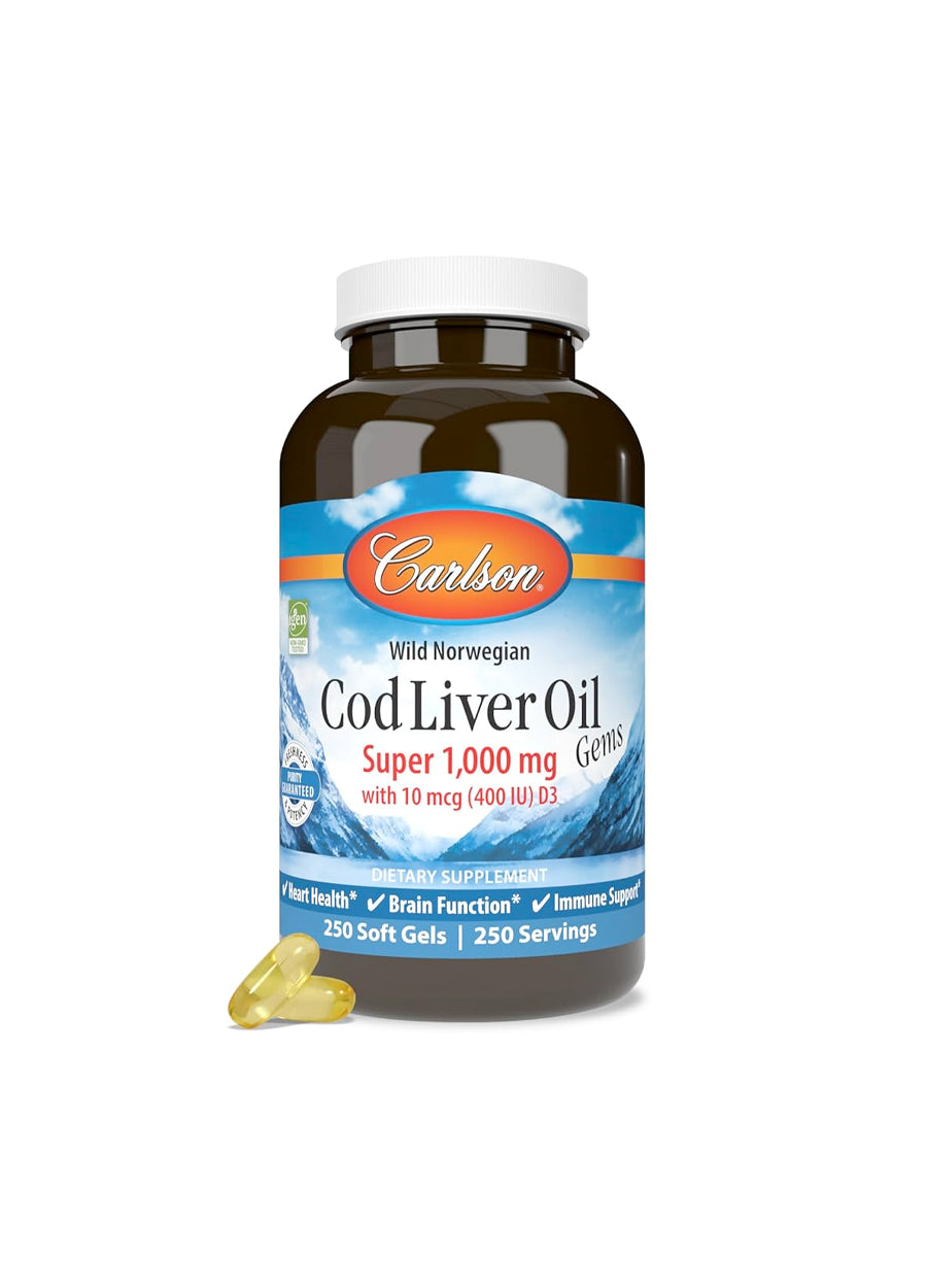 Carlson Labs Wild Norwegian Cod Liver Oil Gems 1000mg 250 Kapslar